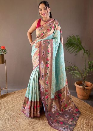 Sky Blue Art Silk Saree In Woven Work