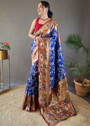 Royal Blue Saree In Woven Work