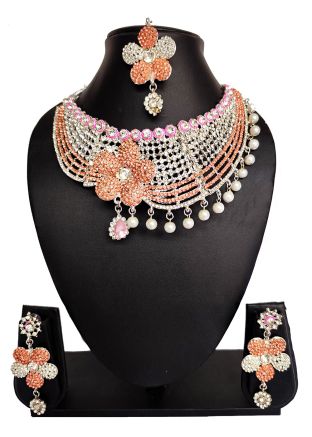 Peach Stone Studded Alloy Based Necklace Set