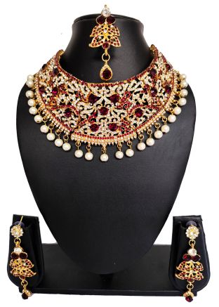 Red Alloy Based Stone Studded Necklace Set