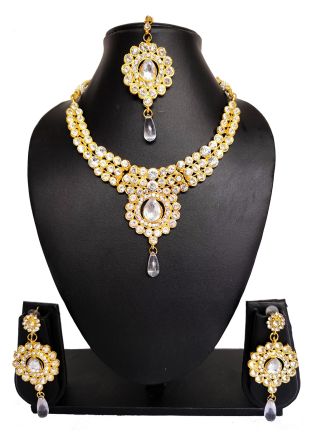 White Alloy Based Stone Studded Necklace Set