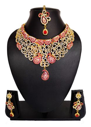 Pink Stone Studded Alloy Based Necklace Set