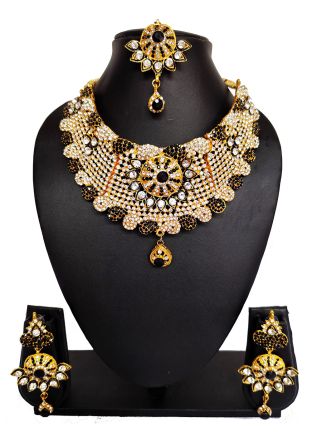 Black Alloy Based Stone Studded Necklace Set