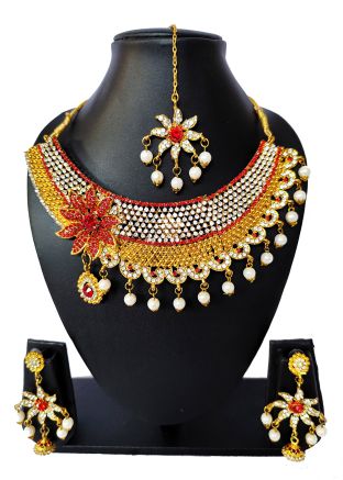 Red Stone Studded Alloy Based Necklace Set