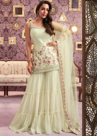 Cream Embroidered Gharara Salwar Suit Set