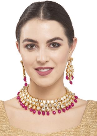 Pink Kundan Studded Alloy Based Necklace Set