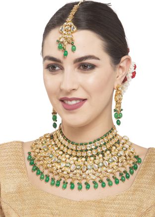 Green Beaded Alloy Based Necklace Set