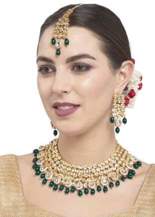 Green Beaded Alloy Based Necklace Set