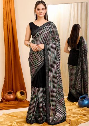 Black Sequins Embellished Georgette Saree