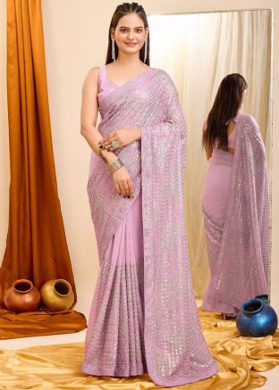 Mauve Pink Embellished Georgette Saree