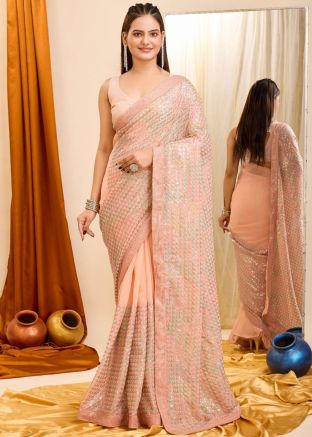 Cream Embellished Georgette Saree & Blouse