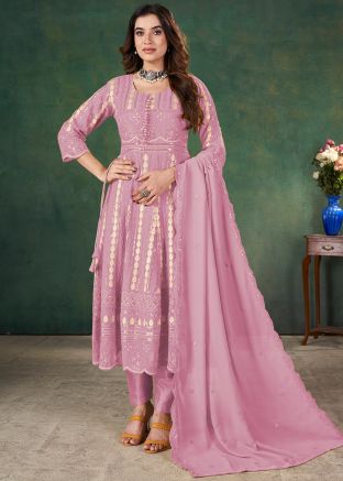 Pink Sequins Embellished Anarkali Suit In Georgette