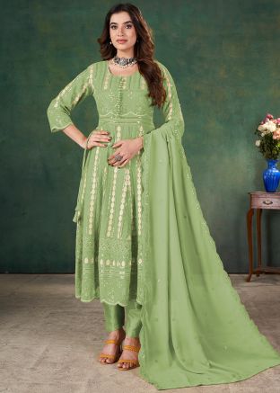 Green Georgette Anarkali Suit In Sequins Embellishment