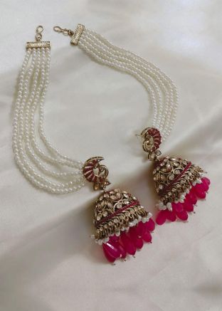Pink Alloy Based Stone Studded Jhumka