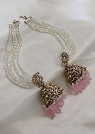 Pink Alloy Based Stone Studded Jhumka