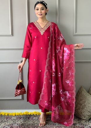 Readymade Rani Pink Embroidered Pant Suit Set