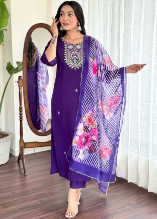 Purple Readymade Embroidered Pant Suit In Viscose