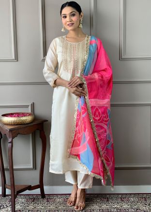 Off White Embroidered Readymade Pant Suit