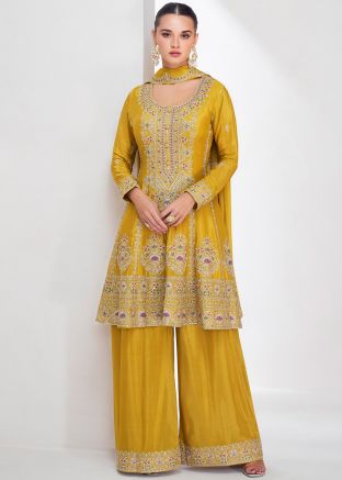 Readymade Yellow Embroidered Chiffon Palazzo Suit