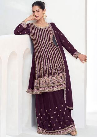 Readymade Purple Embroidered Palazzo Suit In Chiffon