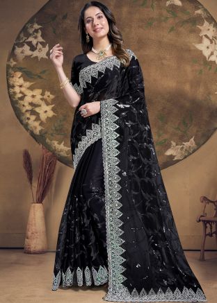 Black Embroidered Saree In Organza