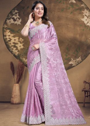 Purple Embroidered Saree In Organza