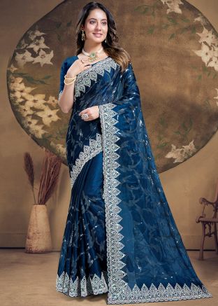 Blue Embroidered Saree In Organza