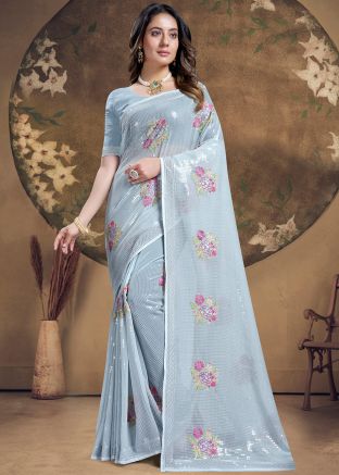 Blue Embroidered Saree In Georgette