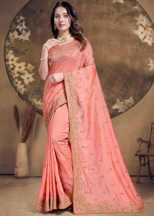 Peach Embroidered Saree In Art Silk