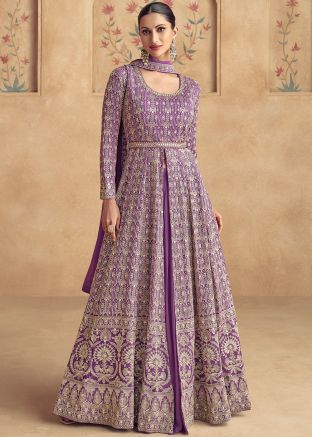 Lavender Embroidered Readymade Georgette Abaya Style Front Slit Suit