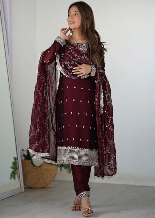Readymade Maroon Embroidered Pant Suit Set