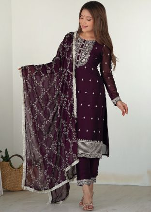 Readymade Purple Embroidered Pant Suit Set