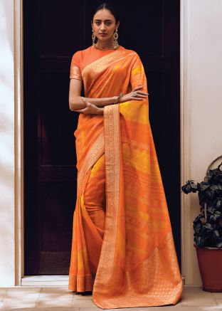 Orange Viscose Saree In Zari Woven Work