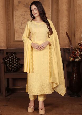 Yellow Readymade Embroidered Chanderi Silk Pant Suit