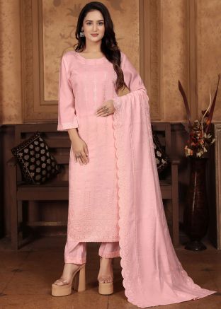 Readymade Pink Embroidered Chanderi Silk Pant Suit