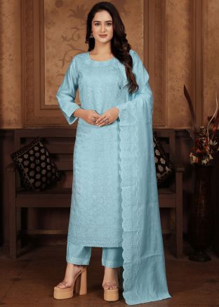 Blue Readymade Embroidered Chanderi Silk Pant Suit Set