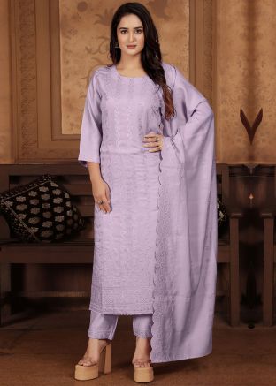 Lavender Embroidered Readymade Pant Suit In Chanderi Silk