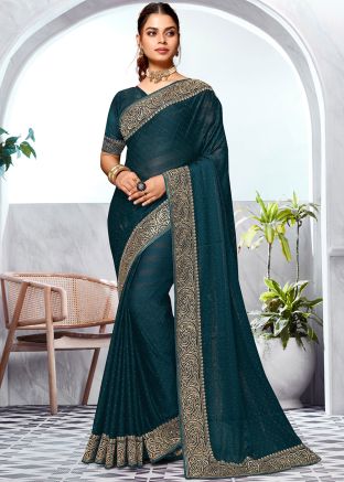 Teal Blue Stone Embellished Art Silk Saree 