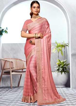 Pastel Peach Art Silk Saree In Stone Embellishment