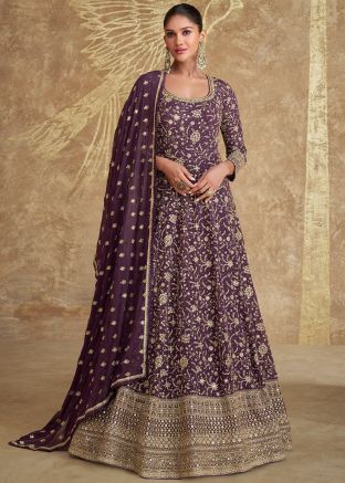 Purple Embroidered Readymade Abaya Style Suit