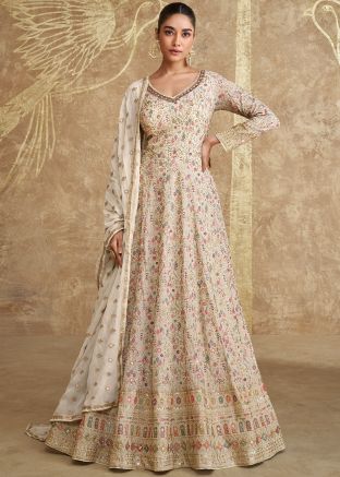 Off White Readymade Embroidered Abaya Style Suit