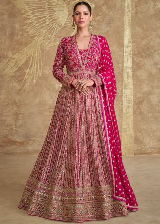 Pink Readymade Embroidered Abaya Style Suit