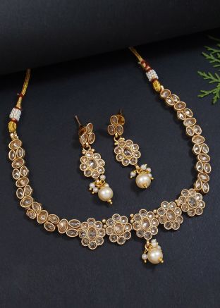 Golden Alloy Based Stone Studded Necklace Set