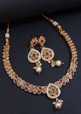 Golden Stone Studded Alloy Based Necklace Set