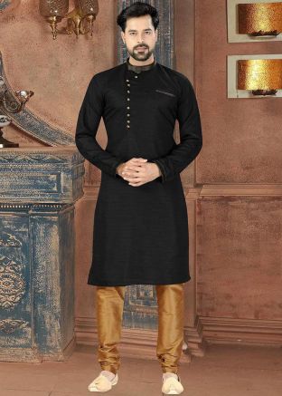 Readymade Black Dupion Silk Kurta Churidar Set