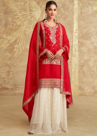 Red Embroidered Salwar Suit Set In Chiffon