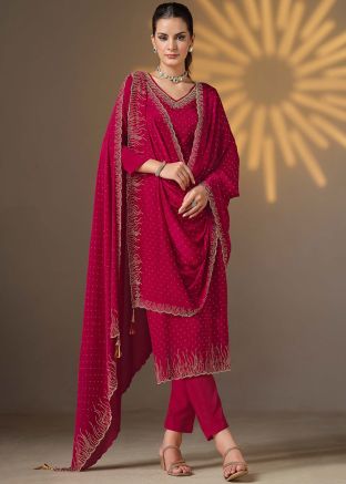 Pink Embroidered Salwar Suit Set In Chiffon