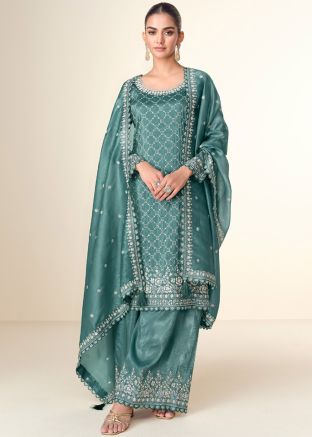 Dusty Teal Green Embroidered Readymade Palazzo Suit Set