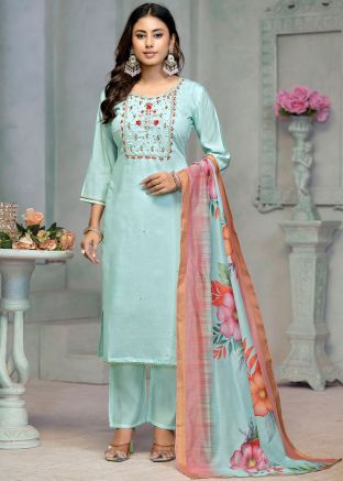 Blue Embroidered Pant Suirt Set In Cotton