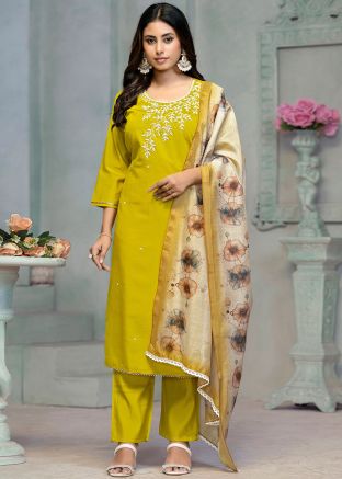 Green Embroidered Salwar Suit Set In Cotton